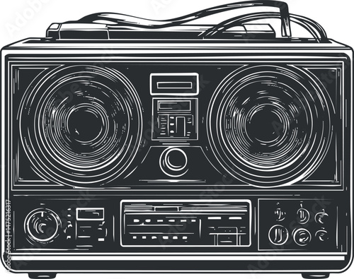 Vintage boombox with dual speakers and cassette player illustration in black and white