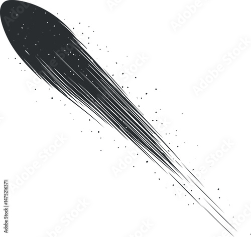 Black and white illustration of a comet with a long trailing tail streaking across space
