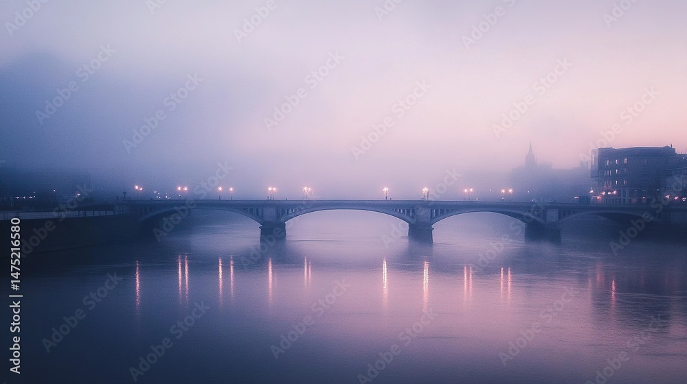Fototapeta premium City riverbank at dawn, tranquil, foggy, soft light, bridges, reflections, DSLR camera, 85mm lens, dawn, serene photography, soft-focus film.
