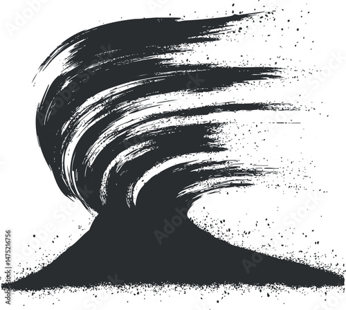 Black and white illustration of a tornado or twister swirling with wind and debris in a stormy sky
