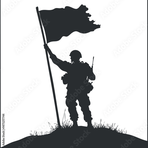 Silhouette of a soldier standing on a hill holding a flag and a radio, symbolizing military victory and communication