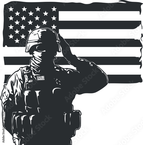 Silhouette of a soldier in tactical gear saluting in front of an American flag background