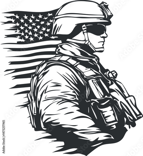 Black and white illustration of a soldier in tactical gear holding a rifle with American flag background