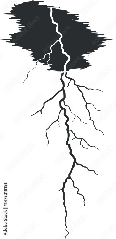Obraz premium Black and white illustration of a lightning bolt striking from a dark cloud, symbolizing storm and electricity.