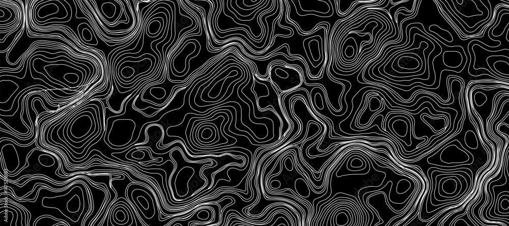 Minimalist topographic map design featuring black contour lines on a matte black background, subtle lighting and shadow effects to highlight elevation changes, abstract and modern aesthetic.