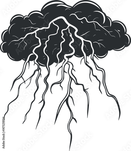 Black and white vector illustration of a storm cloud with multiple lightning bolts striking downward