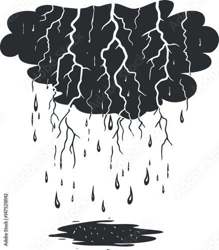Dark storm cloud with lightning bolts and raindrops falling creating a wet puddle below