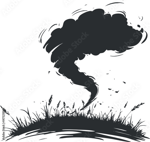 Black and white vector illustration of smoke rising from grass in a natural outdoor landscape