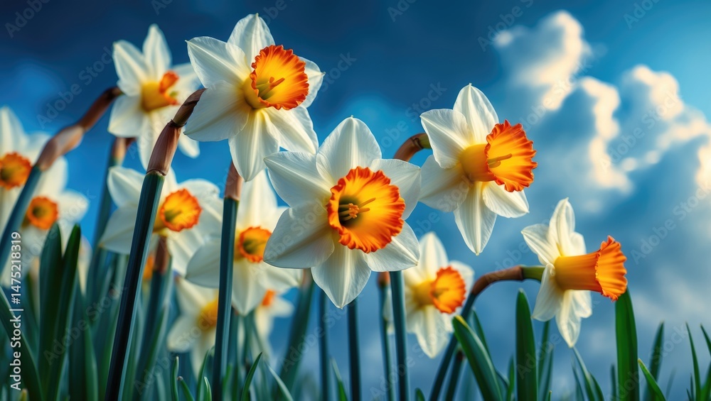 Fototapeta premium Vivid close-up of blooming daffodils with orange centers in a vibrant garden scene, showcasing flora and natural beauty under a clear blue sky.