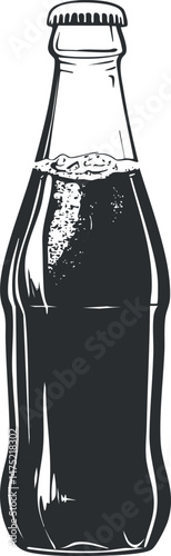 Black and white illustration of a classic glass soda bottle filled with a fizzy carbonated drink