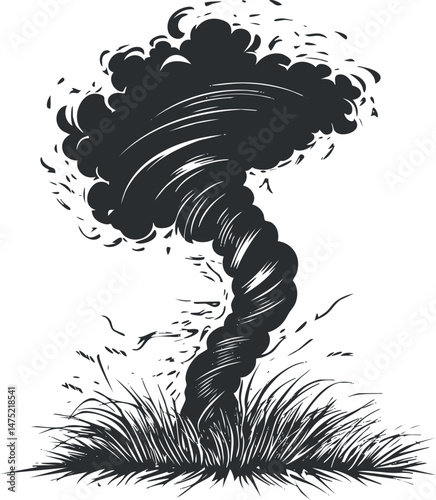 Black and white illustration of a tornado or twister forming above grass in a natural outdoor setting