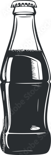 Black and white illustration of a classic glass soda bottle with cap and liquid inside