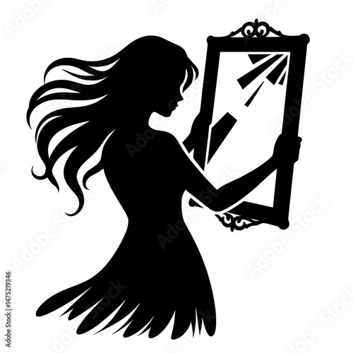 Silhouette with broken mirror against white background
