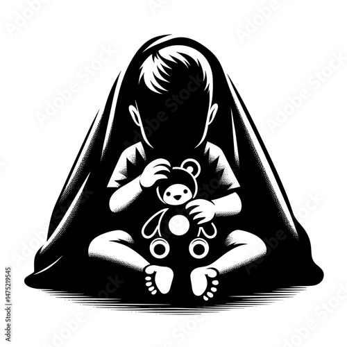 Child holding toy under blanket
