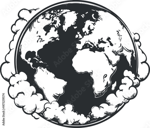 Black and white illustration of the Earth showing continents and clouds surrounding the globe