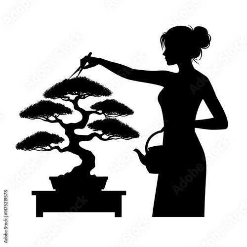 Woman watering bonsai tree in silhouette
