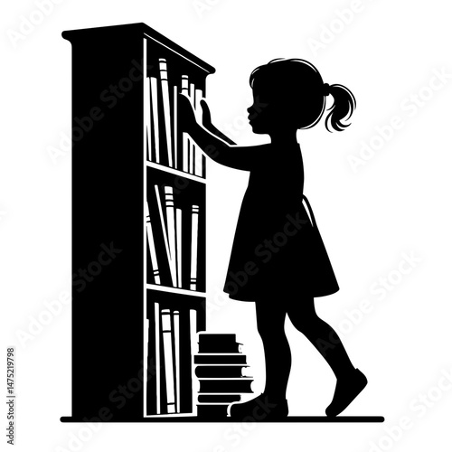 Child reaching bookshelf against white background