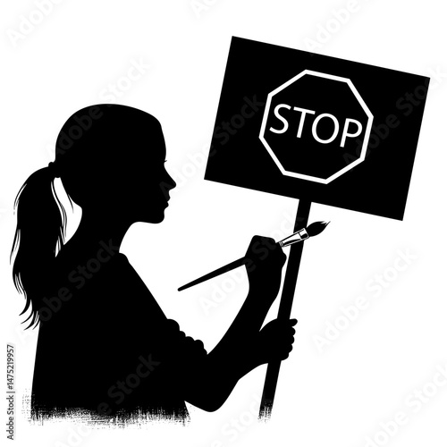 Silhouette woman painting stop sign symbol