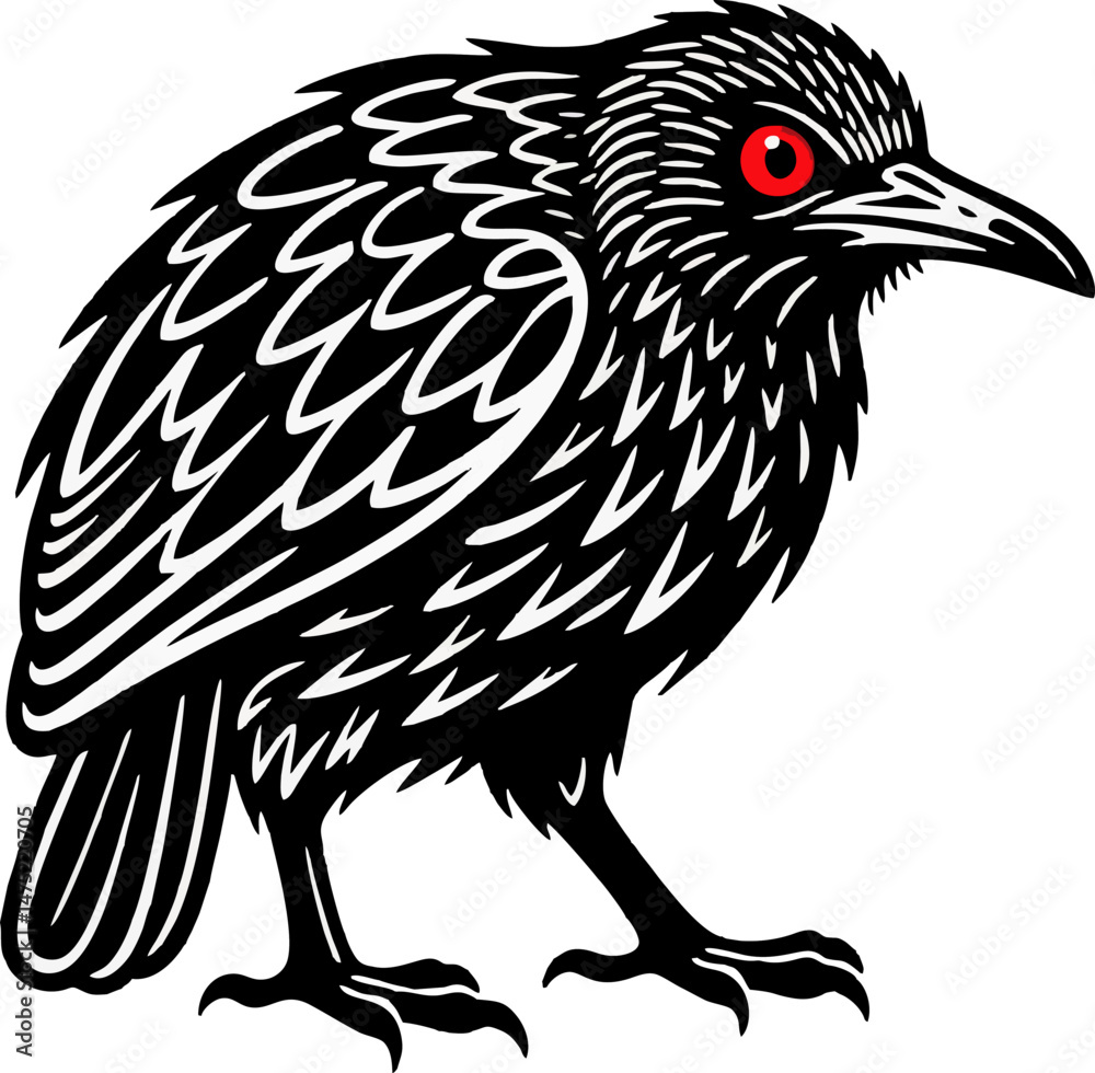 Fototapeta premium Stylized Black Bird with Red Eye in Bold Graphic Design