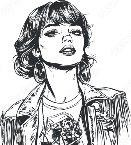Black and white line art illustration of a confident young woman with short hair wearing a jacket and large earrings