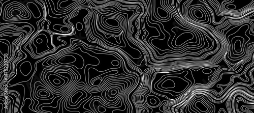 Minimalist topographic map design featuring black contour lines on a matte black background, subtle lighting and shadow effects to highlight elevation changes, abstract and modern aesthetic.