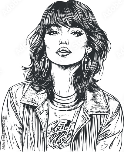 Black and white sketch illustration of a young woman with earrings wearing a jacket and t-shirt