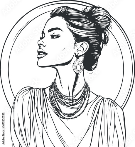 Elegant black and white line art illustration of a woman's profile wearing jewelry and a stylish bun hairstyle