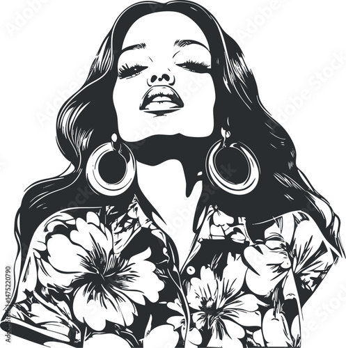 Black and white vector illustration of confident woman with floral shirt and large earrings