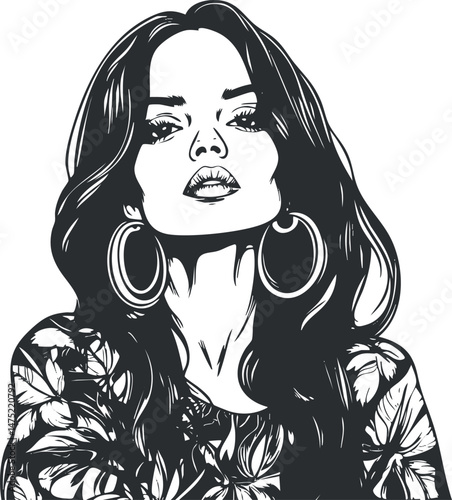 Black and white artistic portrait illustration of a confident young woman with long hair and large hoop earrings