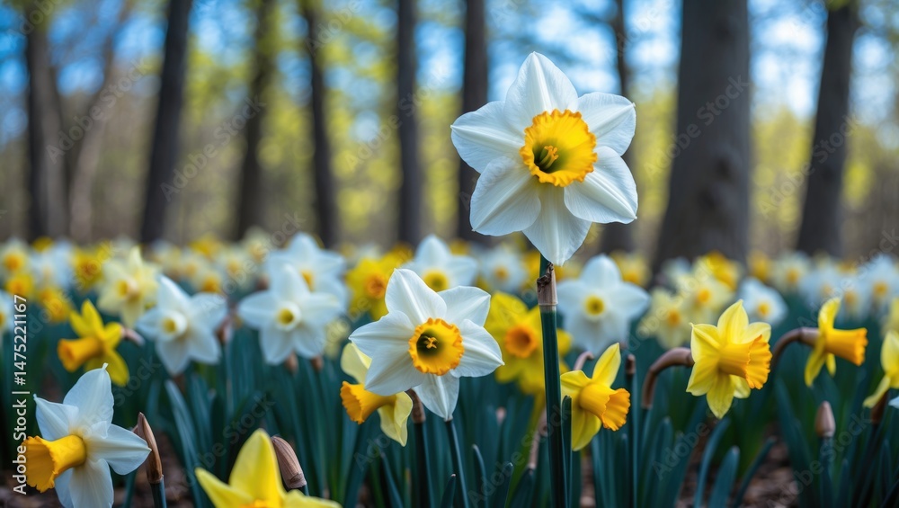 Fototapeta premium White daffodil featuring a yellow heart emerges above a colorful daffodil patch