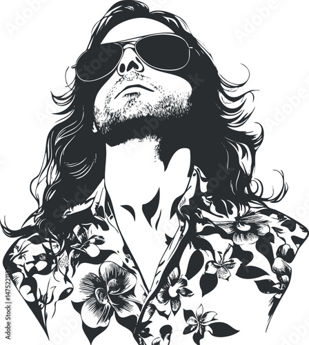 Black and white illustration of a confident man with long hair wearing sunglasses and a floral shirt