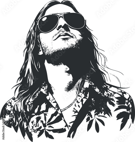 Black and white vector illustration of a confident man with long hair wearing sunglasses and a tropical shirt