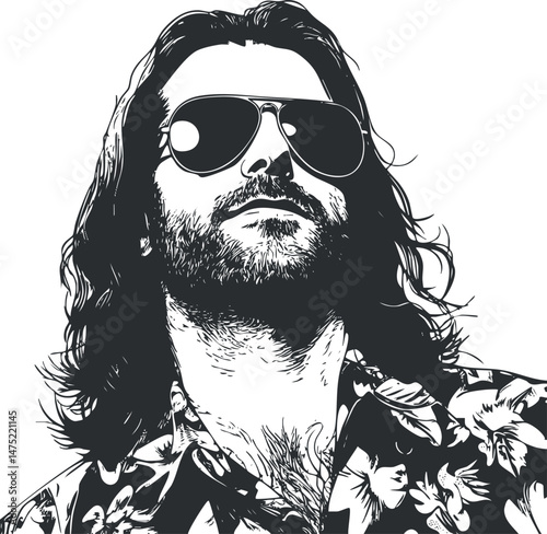 Black and white illustration of a confident man with long hair wearing sunglasses and a floral shirt.