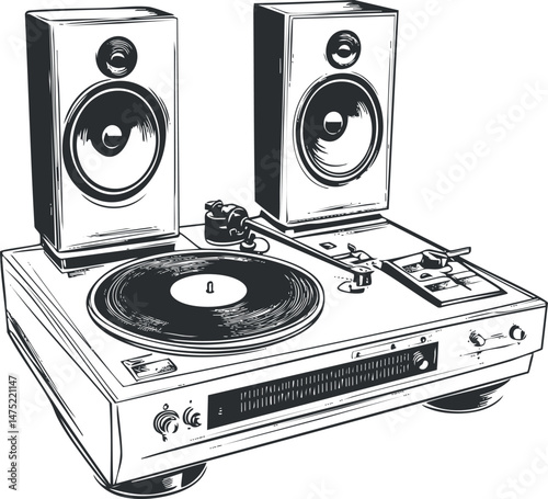 Black and white illustration of a vintage turntable record player with two speakers for playing vinyl records