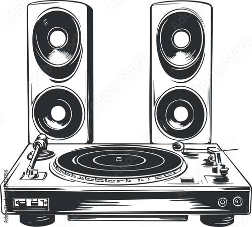 Black and white illustration of a vintage turntable record player with two speakers, showing retro audio equipment for music playback.