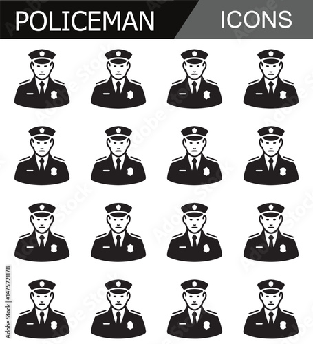 Set of police officer icons in uniform, representing law enforcement, security, and public service in a minimalist black design.