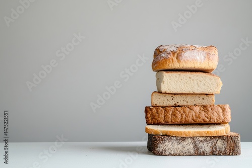 Selection of different types of bread stacked on a simple background in a minimalist setting