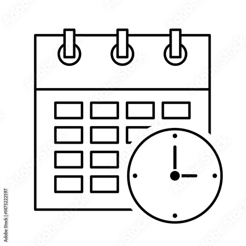 Calendar with Clock Outline Icon. Time Management Vector Illustration. A minimalist outline icon of a wall calendar with a clock placed in the foreground.
