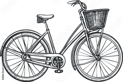 Black and white line art illustration of a classic bicycle with a front basket and detailed wheels