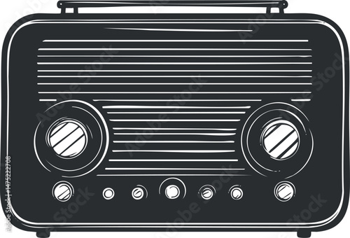 Black and white illustration of a vintage radio with tuning knobs and speaker grill for audio broadcasting