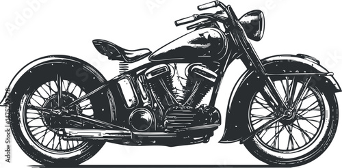 Black and white vintage motorcycle illustration showing classic bike with detailed engine and wheels
