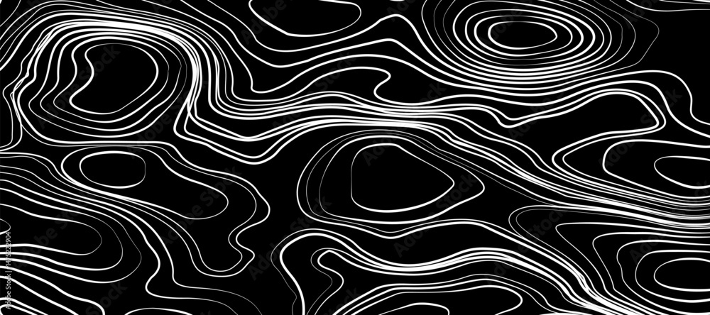 Fototapeta premium Minimalist topographic map design featuring black contour lines on a matte black background, subtle lighting and shadow effects to highlight elevation changes, abstract and modern aesthetic.