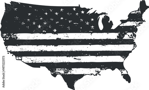 Grunge black and white silhouette of the United States map with American flag stars and stripes pattern