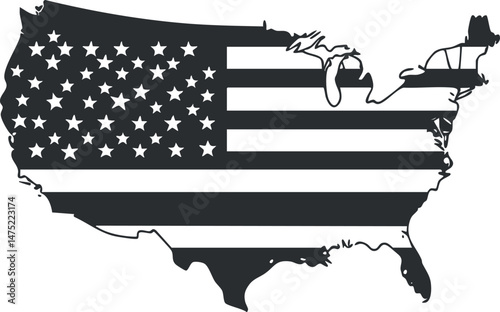 Black and white United States map silhouette filled with American flag stars and stripes pattern
