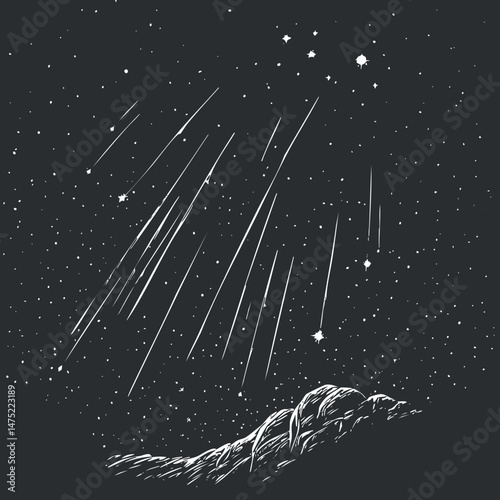 Silhouette of a hill under a night sky filled with stars and multiple shooting meteors streaking down