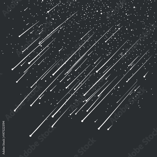 White meteor shower streaks falling against a dark night sky filled with stars and cosmic dust