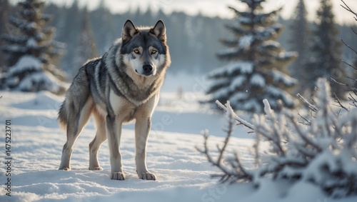 Lovely and vigorous wolfdog in snowy winter setting