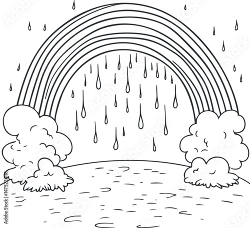 Black and white line drawing of a rainbow with raindrops and clouds over a simple landscape
