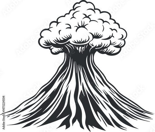 Black and white vector illustration of a volcano erupting with smoke and ash cloud above the mountain peak