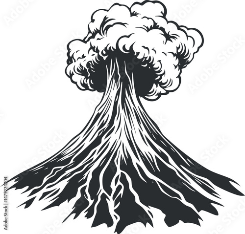 Black and white illustration of a volcano erupting with smoke and ash clouds rising above the mountain.
